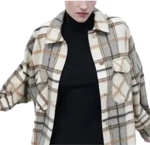 Zara Plaid Wool Flannel Oversized Jacket Shacket Shirt Tan Brown White M Cozy thumbnail 2