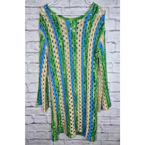 Olivaceous Phoenix Open Knit Crochet Dress Swim Coverup Green Blue Striped L NWT thumbnail 2