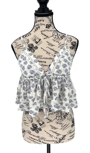 Urban Outfitters Floral Babydoll Crop Medium Blue‎ White Boho Festival Cottage thumbnail 1