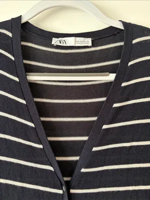 Zara Navy & White Striped Button-Front Long Cardigan thumbnail 2