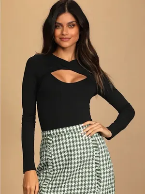 Lulu’S Trendy Twist Black Twist-Front Long Sleeve Bodysuit thumbnail 1