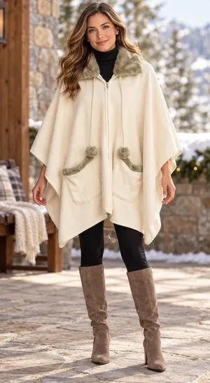 Le Moda Ivory Fleece Faux Fur Trim Zip Cape Poncho Pom Poms Pockets One Size NWT thumbnail 1