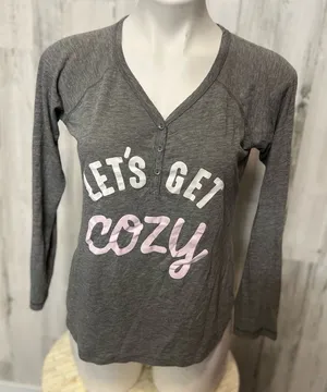 Jenni Intimates Heather Grey Let's Get Cozy Long Sleeve Henley Top Womens Size M thumbnail 1