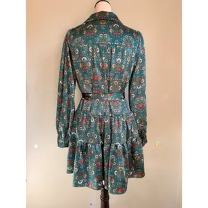 Green Floral Satin Tiered‎ Wrap Mini Dress S Boho whimsi flowy cottage fairy red thumbnail 4