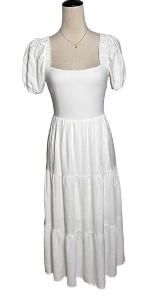Sadie & Sage White Cottagecore Puff Sleeve Tie‎ Back Midi Dress Boho Prairie S thumbnail 1