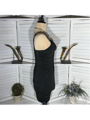 Vintage Y2K black mini dress ruched stretchy bodycon deep V homecoming clubbing thumbnail 4