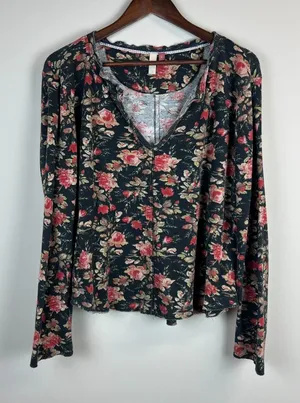 Anthropologie Pilcro Thermal Top Womens XL Split-Neck‎ Floral Waffle Knit Boho thumbnail 1