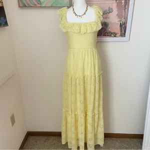 Selfie Leslie Portofino Sunset Ruffle Lace Maxi Dress Lemon in Small thumbnail 3