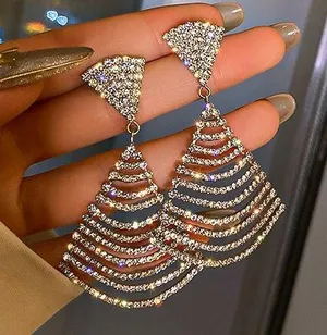 Women's Silver Plated Fan-Shaped Rhinestone Dangle Drop Earrings thumbnail 4