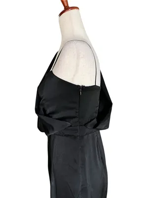 DO+BE black satin jumpsuit featuring an asymmetrical draped one-shoulder overlay thumbnail 6