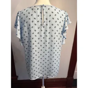 Ann Taylor Factory Blue Floral Flutter Sleeve Blouse Crew Neck Keyhole Back Sz S thumbnail 3