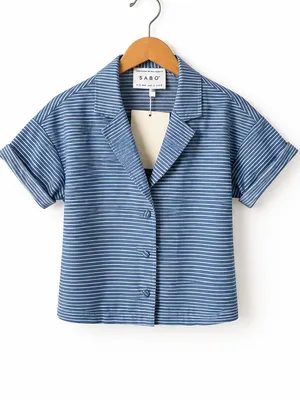 SABO SKIRT Oversized Blue & White Striped Button-Down Short Cuff Sleeve Blouse thumbnail 4