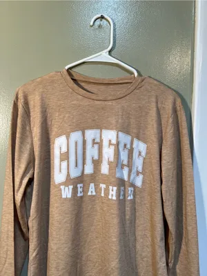 Women’s Size Small Long Sleeve T-Shirt Beige Tan White Coffee Weather Crewneck thumbnail 2