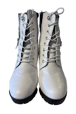 Yoki Womens's Zipper Laces Platform Combat White Black Plaid Chunky Heel Boots 8 thumbnail 1