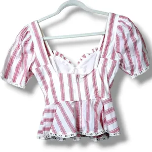 Tularosa Brinley Red White Stripe Eyelet Puff Sleeve Sweetheart Peplum Top XS thumbnail 4