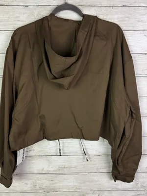 girlfriend collective cropped utility hooded jacket in brown size large thumbnail 5