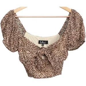 Lulus Fiercely In Love‎ Leopard Print Tie Front Crop Top XS Beige Black thumbnail 8