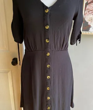 H&M Size 4 Black Blouse Dress Half Sleeve Mid Length V Neck Casual Button Down thumbnail 1