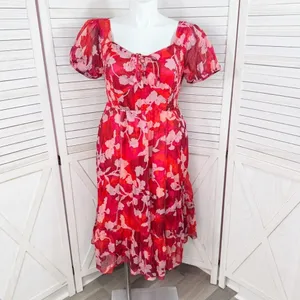 Torrid Floral Crinkle Fabric Tiered Puff Sleeve Smocked Midi Dress Red‎ Pink 12 thumbnail 2