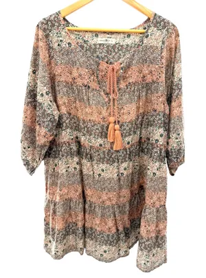 Natural‎ Life Womens Floral Tiered Tunic Mini Dress Cotton Boho Tassel L Prairie thumbnail 1