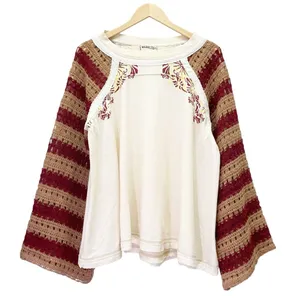 Free People Festival Ready Tee Crochet Sleeve Cream & Rust Knit Top Size Large thumbnail 2