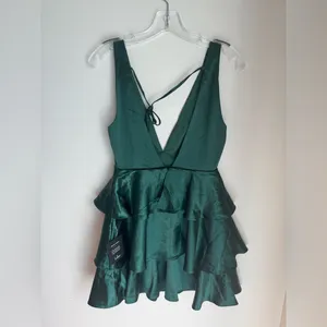 NWT Lulus Tiers of Joy Emerald Green Satin Tie- Back Tiered Mini Dress thumbnail 6