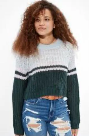 American Eagle Cropped Color-Block Crew Neck Sweater Medium thumbnail 1