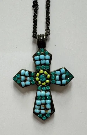 Beaded Cross Necklace in Turquoise Blue thumbnail 1