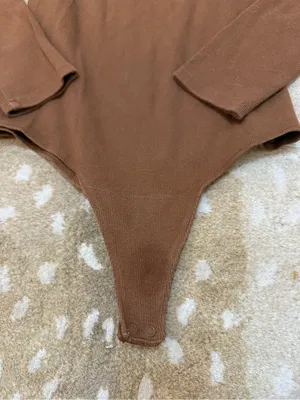 nuuds Long Sleeve Ribbed Crewneck Bodysuit L Brown Cotton Thong Snap thumbnail 5