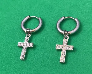 925 Silver Plated Cross Dangle Drop Earrings for Men Women,Cross Earrings,Hoop Earrings,Punk Hip Hop Earrings thumbnail 2