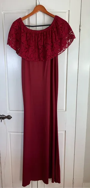 Burgundy Lace Off-Shoulder Maxi‎ Dress Romantic Vampire Whimsigoth Soft Goth M thumbnail 1