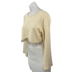 Zara Women's Cream Ribbed Knit Silver Fringe Long Sleeve Sweater Crop Top Size M thumbnail 3