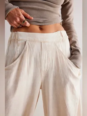 🆕 NWT Free People High Road Barrel Pants Linen Boho Wide-Leg Pockets Tan Large thumbnail 4