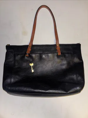 Fossil…Rachel Tote Black Pebbled Leather Tote With Brown Contrasting Handles thumbnail 3