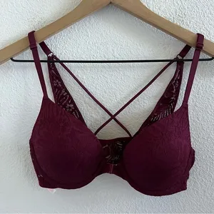 Victoria's Secret PINK Maroon Front Clasp Push-Up Strappy Back Bra 32C thumbnail 1