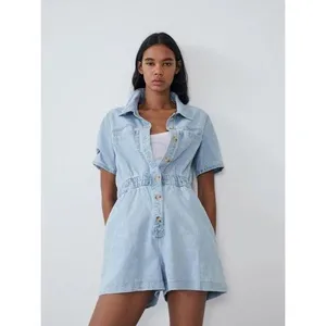 Zara denim playsuit romper utility button down short sleeve light wash pockets thumbnail 3