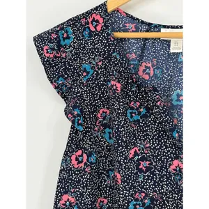Motherhood Maternity Floral Flutter‎ Sleeve Blouse Navy Pink Dotted Top Large thumbnail 3