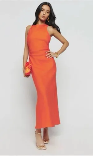 Reformation Midi Cassette 100% Linen Open Back Dress – Flame Orange Size 10 thumbnail 1
