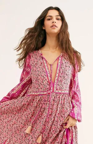 NWT Free People Happy Feelings Maxi in Peach Pink Floral Print Dress XS $168 thumbnail 2