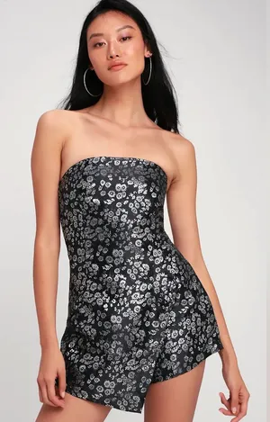 Minkpink Magic Touch Black Metallic Floral Print strapless romper new nwt thumbnail 1