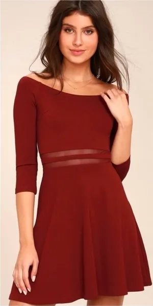 Lulus Yes‎ to the Mesh Wine Red Half Sleeve Skater Mini Dress Size S thumbnail 1