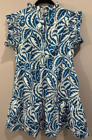 THML Blue and White Ruffle Neck Tiered Printed Dress thumbnail 2
