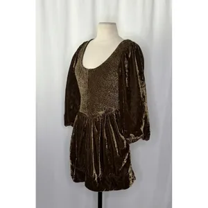 NWT!! FREE PEOPLE Farrier Velvet Mini Dress Smocked Solid Brown Bear Mini XS thumbnail 6