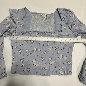 Rachel Zoe Linen Blend Crop Top Sz M Blouse Long Sleeve Square Neck Blue Floral thumbnail 9