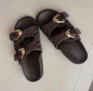 Woven Buckle Slide Sandals in Dark Brown with Gold Hardware thumbnail 1