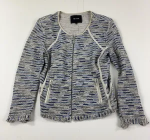 NIC+ZOE Jacket Womens Petite Medium Gray Blue Knit Full Zip Fringe Pockets thumbnail 1
