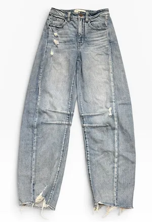 BKE Billie Slim Fit High Rise Horseshoe Barrel Jeans Light Wash Distressed 22x28 thumbnail 1