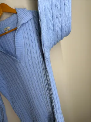 L.L.Bean Blue Cable Knit Collared V Neck 100% Cotton Sweater Heritage Classic‎ thumbnail 7