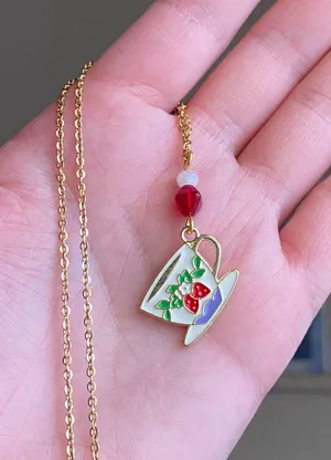Handmade strawberry teacup cottage fairy cute necklace🍓🫖 thumbnail 5