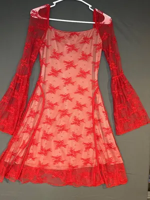 Women L Red Lace Corset Dress Bell Sleeve Y2K Romantic Goth Coquette Festival thumbnail 2